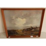 Oil on board painting by Lewis Creighton of sheep in moorland scene (53cm x 43cm including frame)
