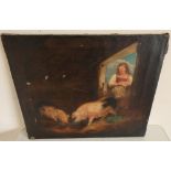 Unframed 19th C oil on canvas of pigs in pig sty with farm girl (AF), the reverse with hand inked