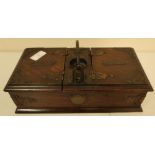 Edwardian oak and metal mounted cigar/cigarette box with two hinged lift up compartments (30cm x