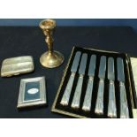 A cased set of six silver hallmark handled knives, modern silver hallmarked picture frame, Birmingh