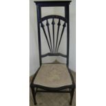 Art Nouveau Mackintosh style ebonised high back chair with upholstered seat and H shaped under