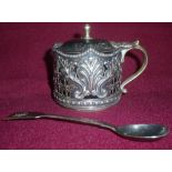 Sheffield 1897 silver hallmarked mustard pot with blue glass liner and pierced fretwork detail,