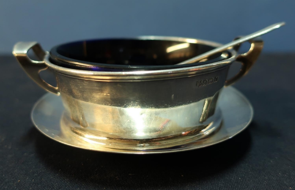 A Birmingham 1933 silver hallmarked butter dish in the form of a twin handled butter churn with blue