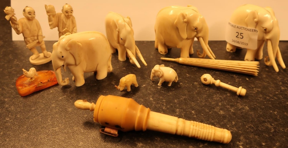 Group of 19th/20th C carved ivory figures including six elephants, a needle case Stanhope in the