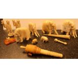 Group of 19th/20th C carved ivory figures including six elephants, a needle case Stanhope in the