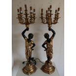 Pair of composite Blackamoor type candelabra with gilt detail, in the form of young ladies, with