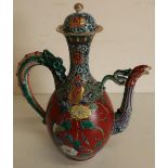 19th/20th C Japanese tea pot with dragon handle, bird spout with elongated neck and dome shaped