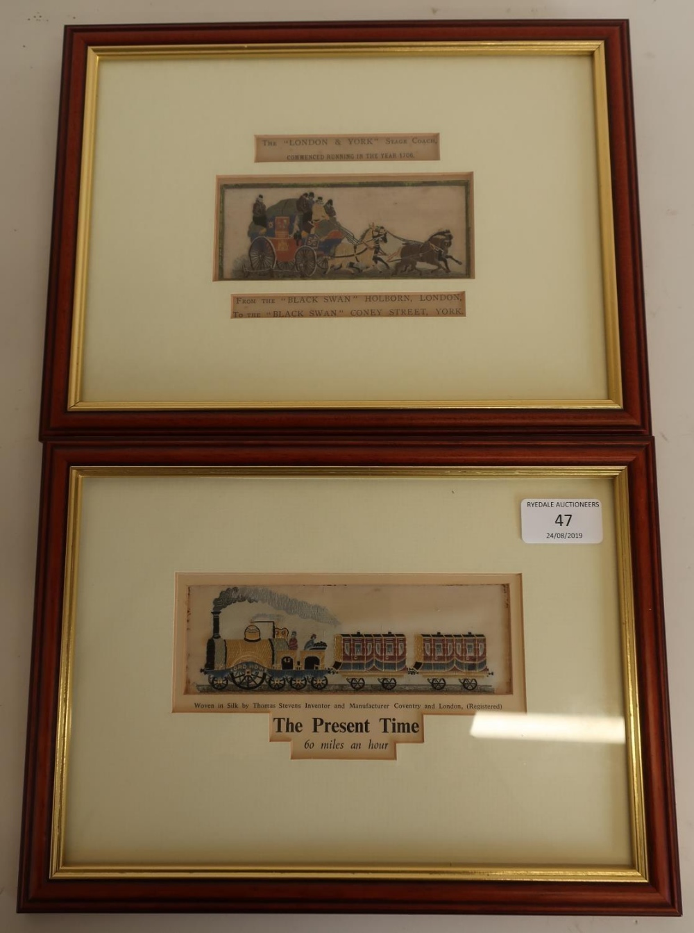 Pair of framed and mounted Stevengraph silk woven pictures depicting The Lord Howe Train The Present