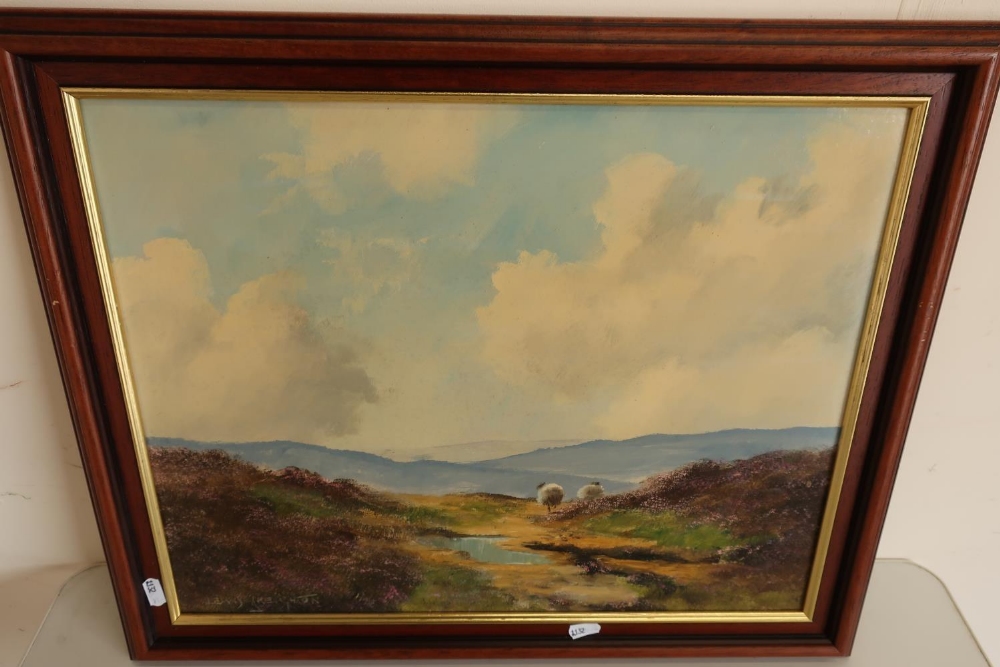 Framed and mounted oil on board painting of sheep on moorland scene by Lewis Creighton (60cm x