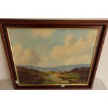 Framed and mounted oil on board painting of sheep on moorland scene by Lewis Creighton (60cm x