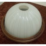 Early 20th C opaque glass center light fitting shade with mahogany inlaid frame (diameter 35cm)