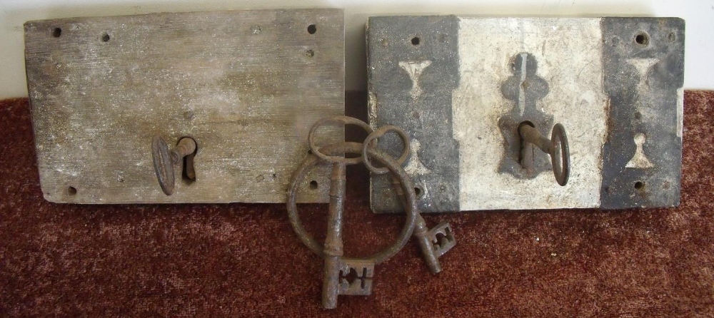 Two 18th/19th C wood and metal bound door lock with keys, and an iron ring with two vintage keys