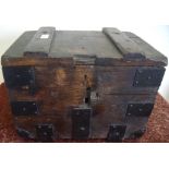 Oak bank style cash/deed strongbox with metal strapwork detail and hinges, twin carrying handles and