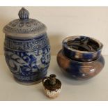 A stoneware metal glazed tobacco jar, a small Doulton Lambeth stoneware jug and a late 19th C salt