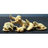 Late 19th C carved Oriental ivory figure of a monkey, rat and fish (height 4.5cm) and another of a