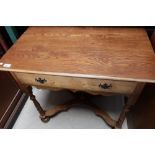 Quality craftsman's made light oak 18th C style lowboy with single draw on turned supports, X shaped