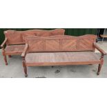 Pair of modern made Victorian style quality panelled benches on turned supports (width 192cm)