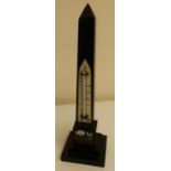 Late victorian black slate Pietra Dura obelisk thermometer (26.5cm high) with floral detail and