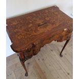 19th C mahogany marquetry inlaid side table with long drawer above two short drawers (78cm x 49cm