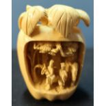 18th/19th C carved Chinese ivory figure in the form of an apple with stalk and leaves, with cut away