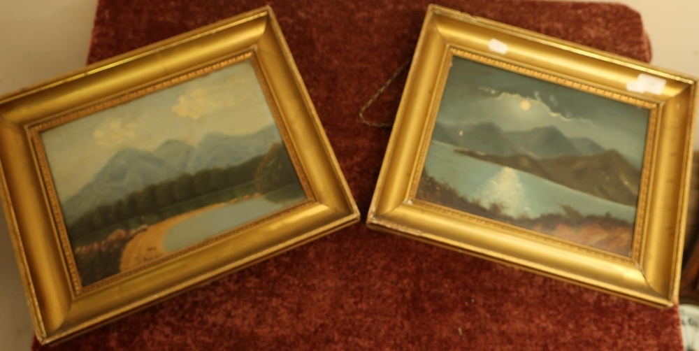 Pair of Edwardian oil on board paintings of mountainous landscape scenes in gilt frames (40cm x 33cm