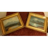 Pair of Edwardian oil on board paintings of mountainous landscape scenes in gilt frames (40cm x 33cm