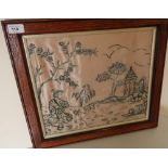 Early 20th C oak framed Japanese silkwork picture of lady by river edge (47cm x 42cm)