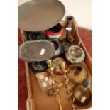 Set of cast metal kitchen scales, pewter ware, brass ware etc in one box