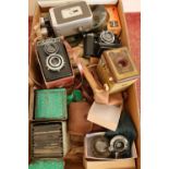 Box containing a selection of various vintage cameras and camera equipment, a selection of large