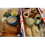 Bretby jardiniere, various other Studio ware ceramics, Stoneware, Studio glassware etc in two boxes