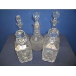 19th C cut glass decanter with later stopper, two square decanters and two other bulbous