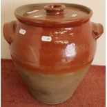 Earthenware twin handled crock pot with lift off lid (approx height 34cm)