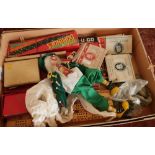 Selection of various vintage board games, Senior Service playing cards, old marbles, puppet and