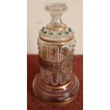 Late 19th C glass bell type jar with overlaid gilt and etched detail with painted panels and