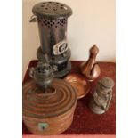 Eastern style copper coffee pot, an oval hat box, a hammered copper bowl, a Japanese bronze