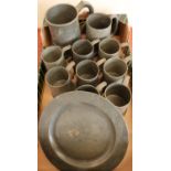 Selection of various assorted pewter tankards and a pewter side plate