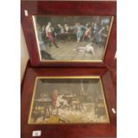 Pair of mahogany framed and mounted prints of interior scenes, including gentlemen sword fighting