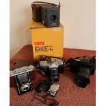 Quantity of various cameras and camera equipment in one box including a Zenit-B with case, a boxed