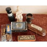 Boxed slide viewer, vintage cutters, a Metropolitan whistle and other decorative items in one box