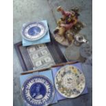 Framed set of American money, silver plate topped glass decanter, Capodimonte figure, Wedgwood