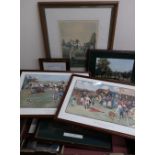 Selection of various framed horse racing and hunting prints including some comical, and a signed