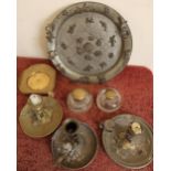 Unusual Eastern style pewter plate with Indian brass mounts, brass inkwells, candlesticks etc