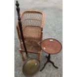 Mahogany circular top wine table, a bed warming pan with turned wood handle, stringtop stool and a