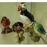 Large John Beswick figure of a puffin, and three Beswick garden birds including Blue Tit,
