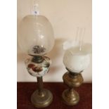 Early 20th C oil lamp with painted opaque glass reservoir and another with opaque glass shade (2)