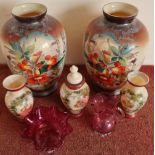 Two early 20th C painted glass vases, another similar pair, cranberry jug and bowl etc (7)