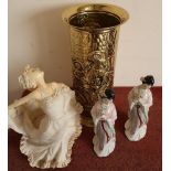 Pressed brass stick stand and three decorative figures