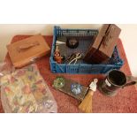 Box containing a collection of various assorted items including silver plated tankard, textiles,