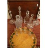 Twin-handled oak serving tray and a selection of six glass decanters of various form, other