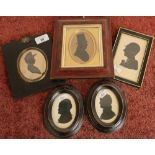 Group of five early 19th C and later framed silhouette portraits, including gentleman in top hat